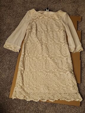 37" R & M Richards Cream Lace Shift Dress with Sheer Sleeves